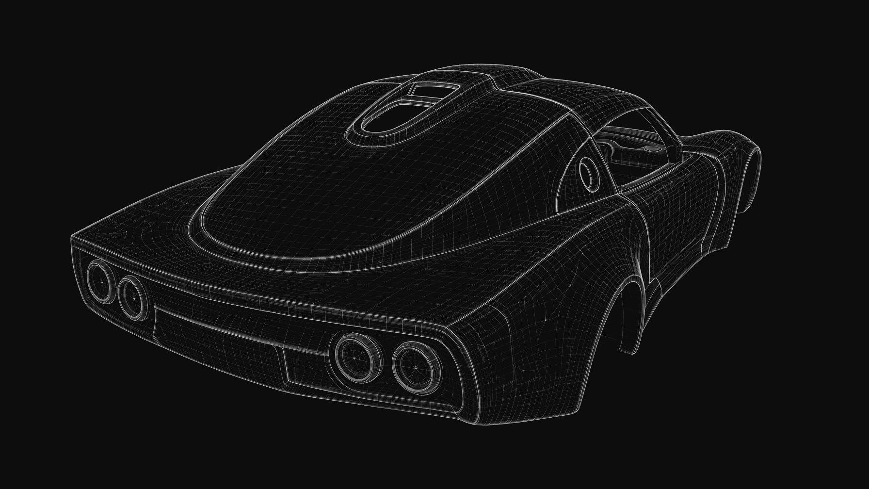 Stylised technical wireframe study of the bodywork, dark monochrome