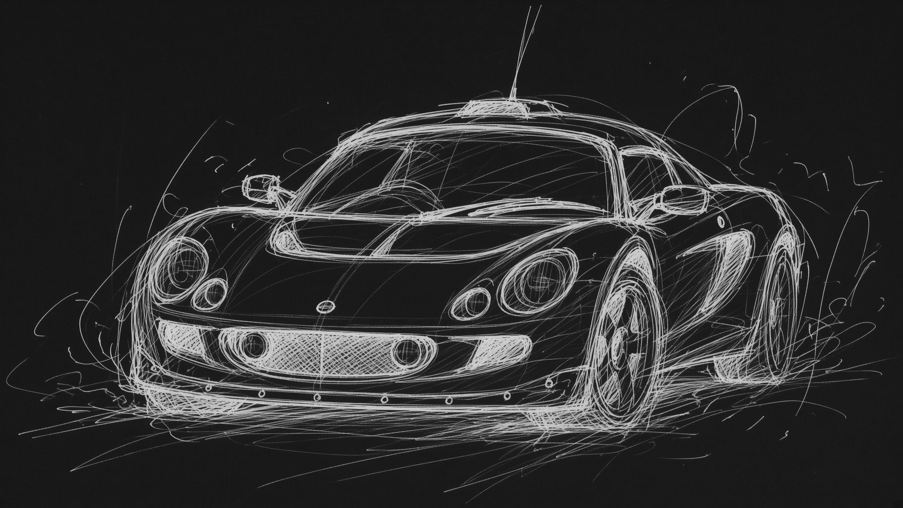 Designer's pen sketch of the Exige S1, white lines on black