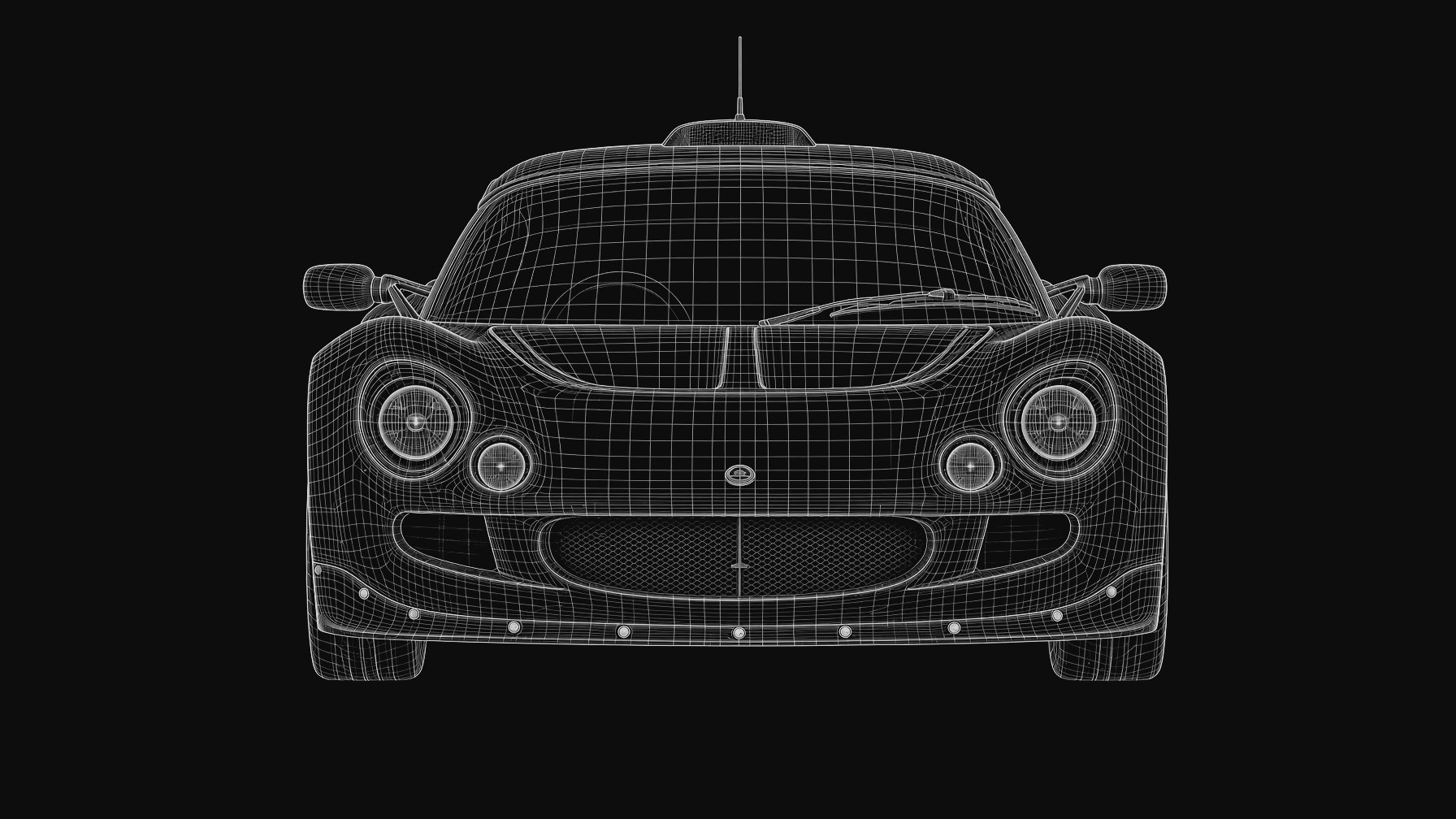 Technical wireframe front elevation of the Exige S1, cooling apertures visible