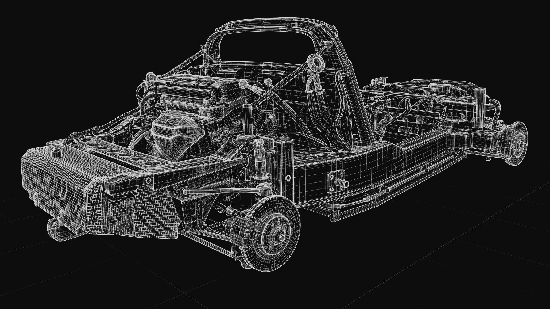 Technical wireframe study of the rolling chassis: bonded aluminium tub, suspension and drivetrain
